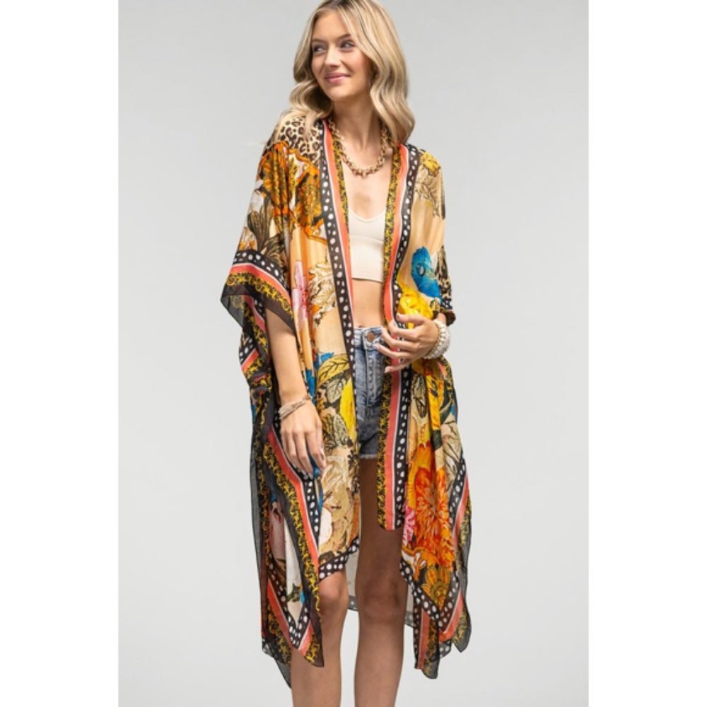 SOLD OUT Milan Colorful Leopard Animal Print & Floral Border Kimono Wrap Coverup - Picture 3 of 15